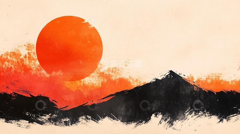 高清大图下载【趣麦麦图】红日水墨红日日落意境