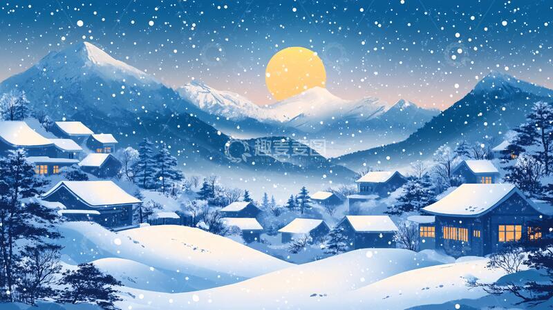 高清大图下载【趣麦麦图】冬季雪村夜晚