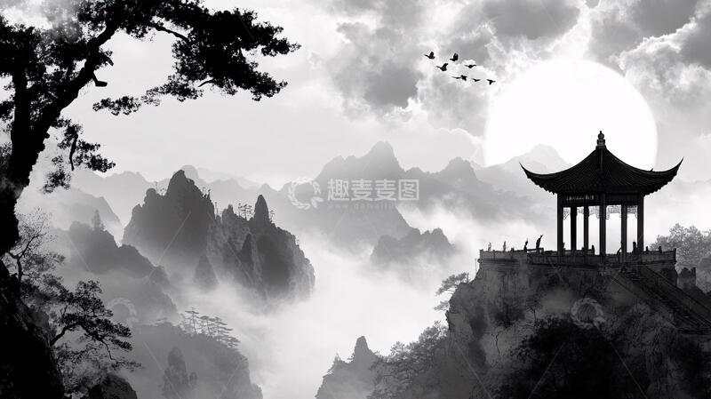 高清大图下载【趣麦麦图】屏风墨韵凉亭山峰云雾1