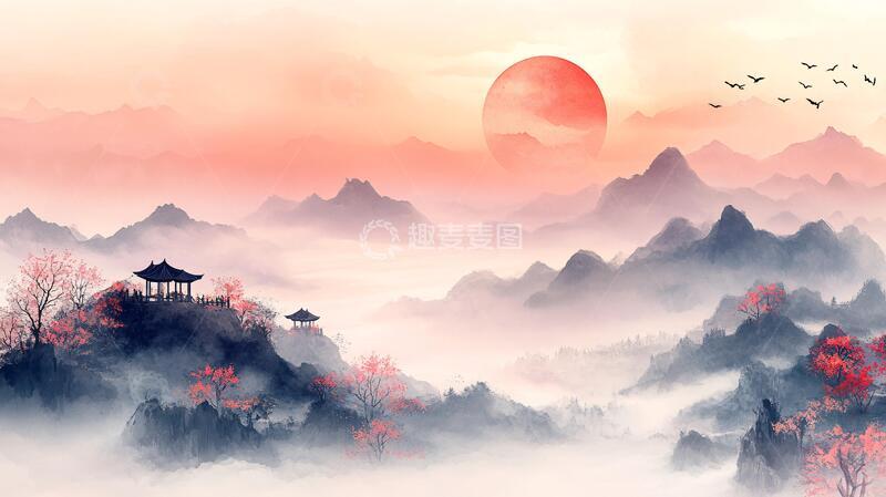 高清大图下载【趣麦麦图】红日水墨山水29