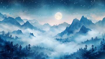 夜景山水画月色意境山景