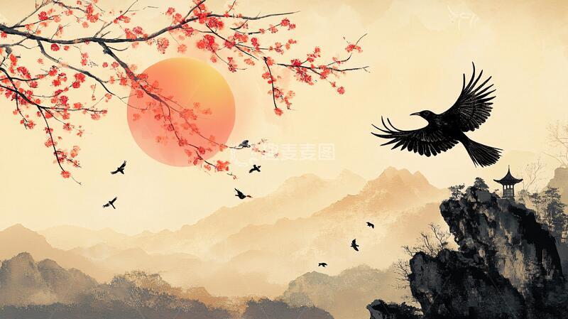 高清大图下载【趣麦麦图】飞鸟水墨山水1