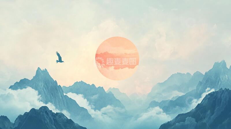 高清大图下载【趣麦麦图】日出飞鸟太阳红日群山