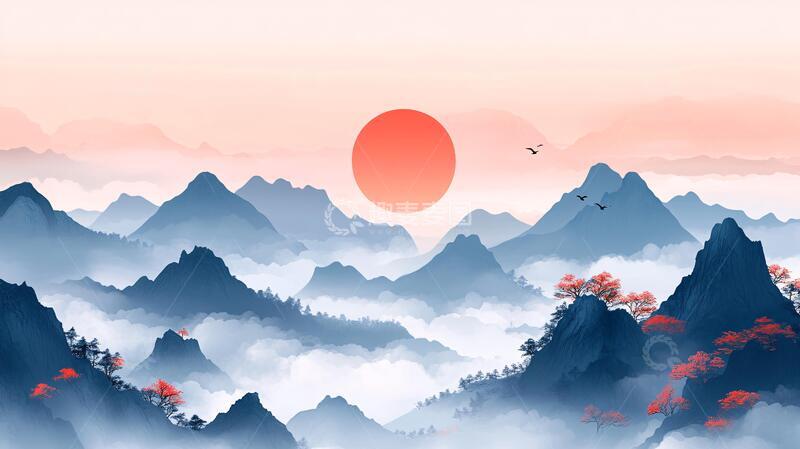 高清大图下载【趣麦麦图】红日水墨山水28