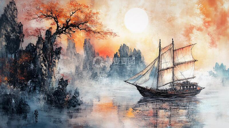 高清大图下载【趣麦麦图】水墨山水画帆船1