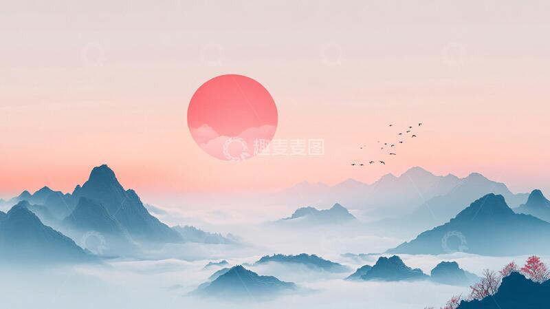 高清大图下载【趣麦麦图】红日水墨山水30