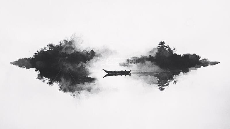 高清大图下载【趣麦麦图】水墨孤舟水墨倒影禅意