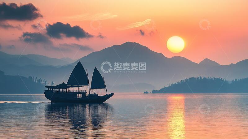 高清大图下载【趣麦麦图】木船曙光帆影木船夕晖