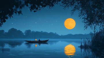 月色山水月色插画渔船