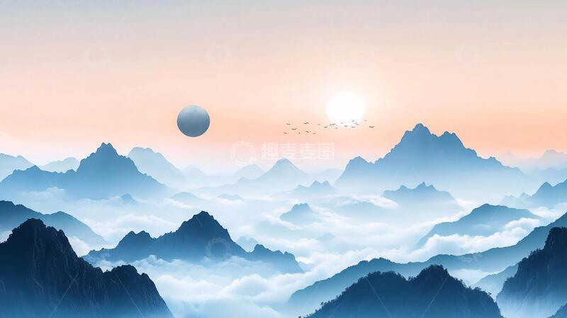 高清大图下载【趣麦麦图】红日水墨山水33