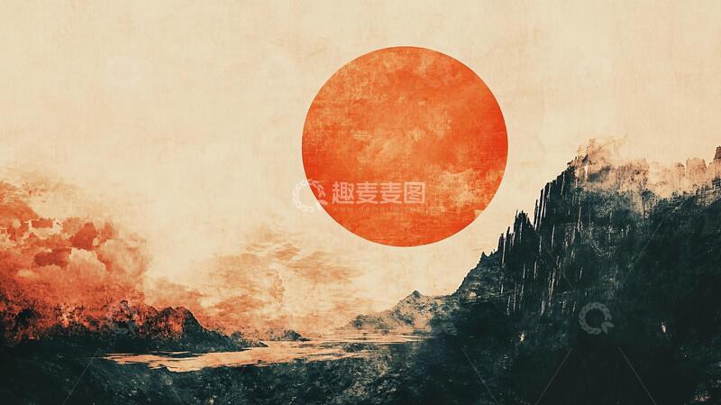 高清大图下载【趣麦麦图】红日水墨红日意境日落