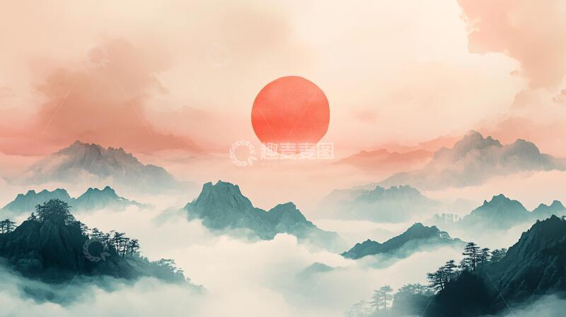 高清大图下载【趣麦麦图】红日水墨山水25