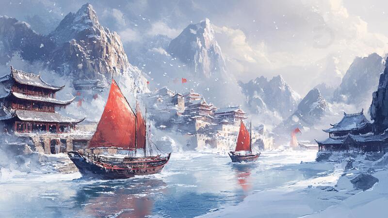 高清大图下载【趣麦麦图】古风大船古风场景插画