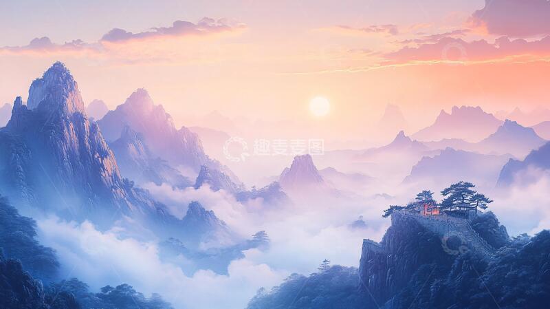 高清大图下载【趣麦麦图】迎客松日出意境大气水墨