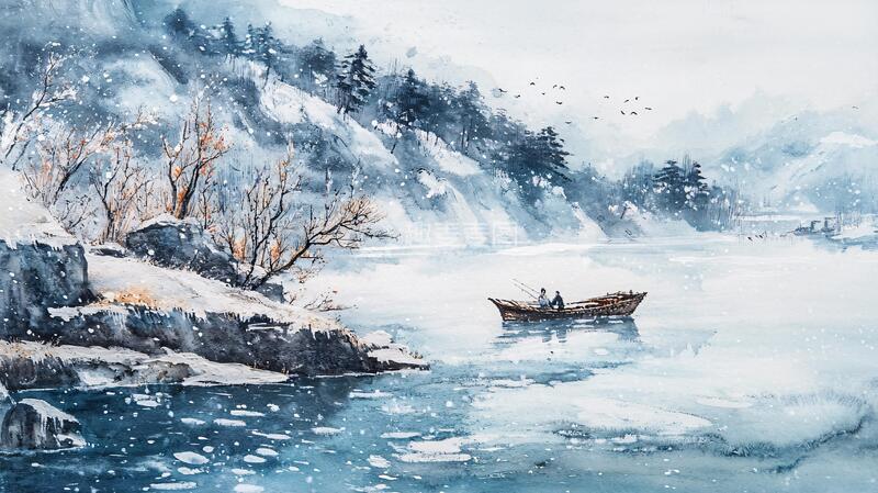 高清大图下载【趣麦麦图】水彩孤舟小船雪景油画
