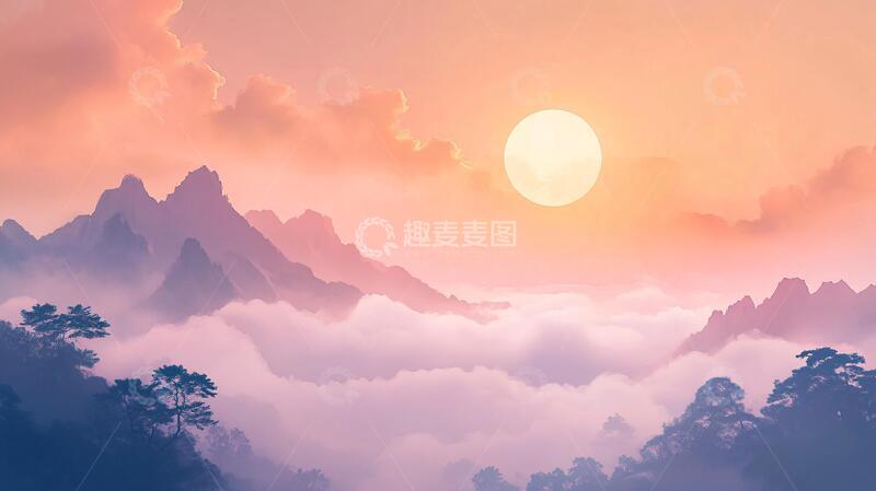 高清大图下载【趣麦麦图】红日水墨山水20