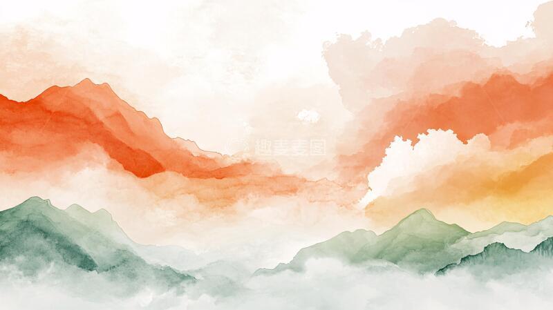 高清大图下载【趣麦麦图】彩色水墨群山背景墙1