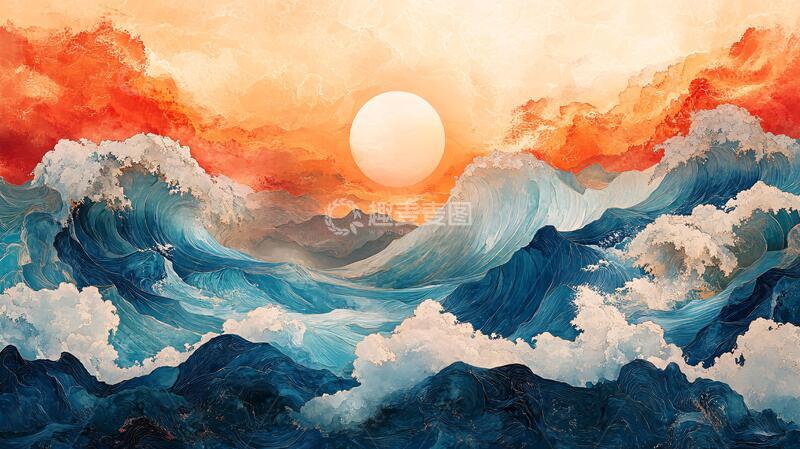 高清大图下载【趣麦麦图】手绘海浪旭日东升