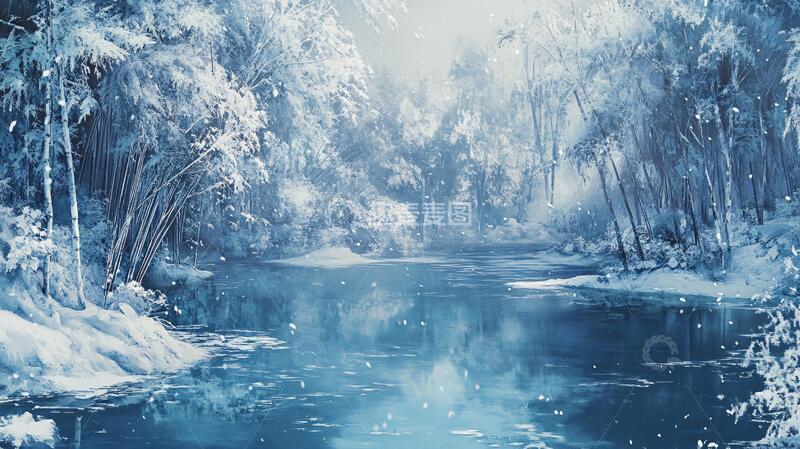 高清大图下载【趣麦麦图】蓝色调白桦林晨雾河流