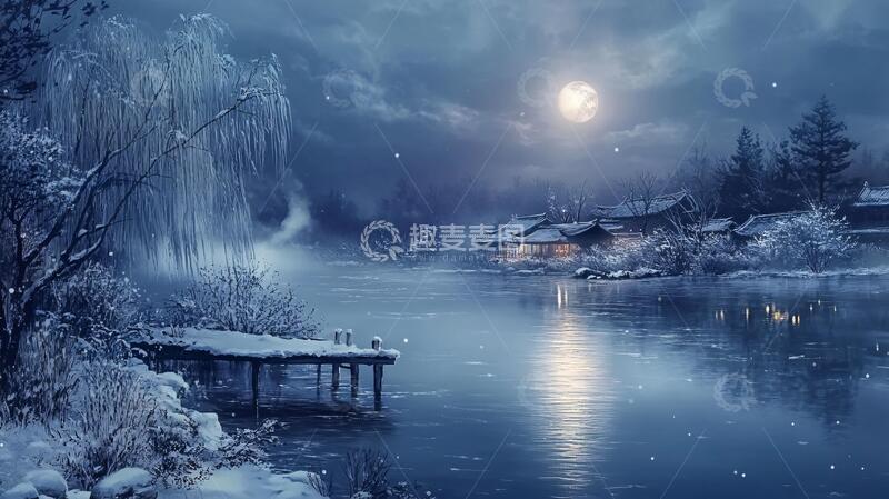 高清大图下载【趣麦麦图】唯美雪夜雪景美景手绘