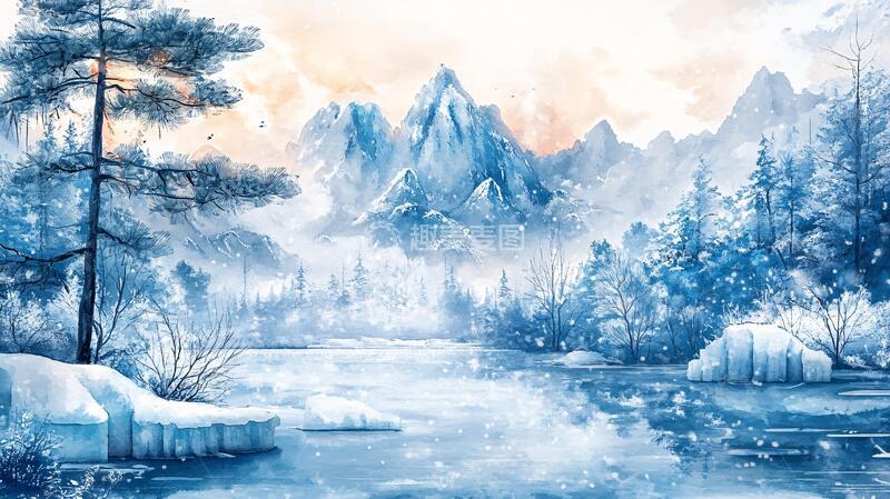 高清大图下载【趣麦麦图】冬日山川风景插画2