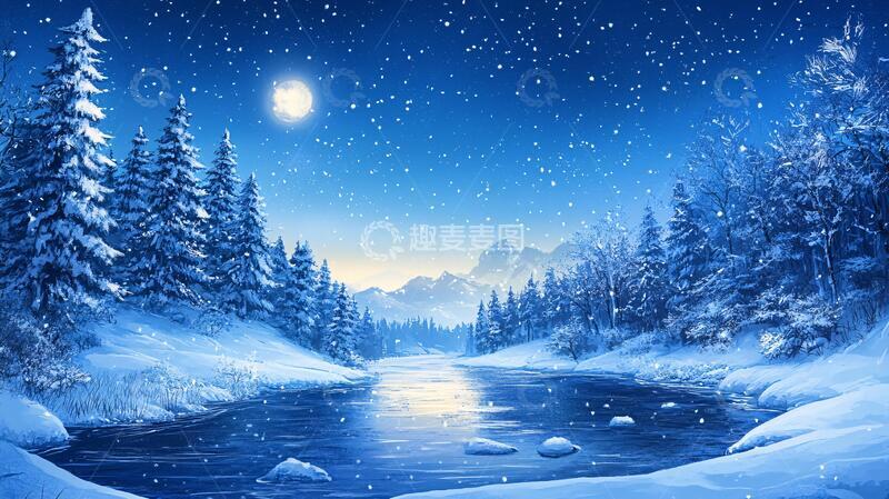 高清大图下载【趣麦麦图】手绘雪夜风景无框画