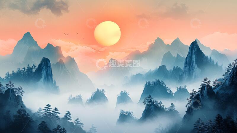 高清大图下载【趣麦麦图】红日水墨山水26