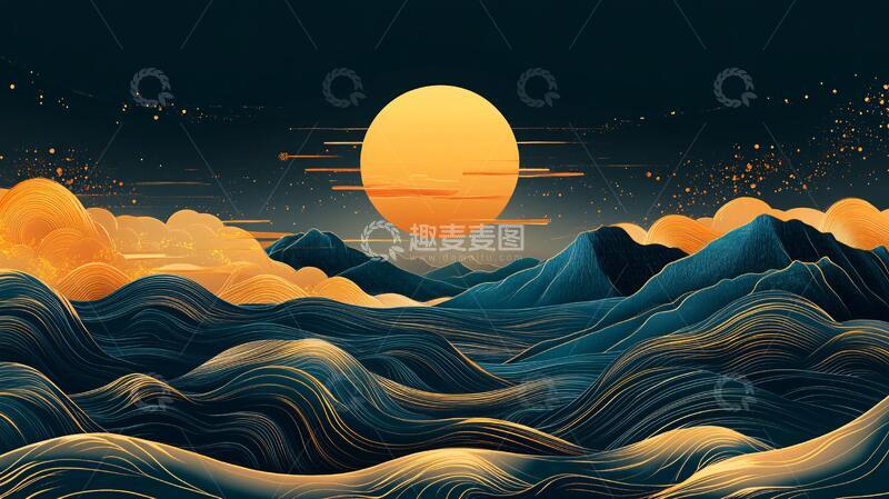 高清大图下载【趣麦麦图】高端山水线包装插画1