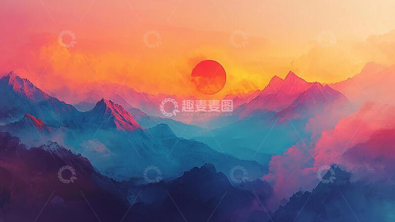 高清大图下载【趣麦麦图】红日水墨山水23