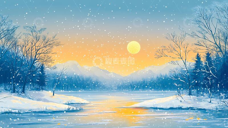 高清大图下载【趣麦麦图】手绘雪夜风景无框画1