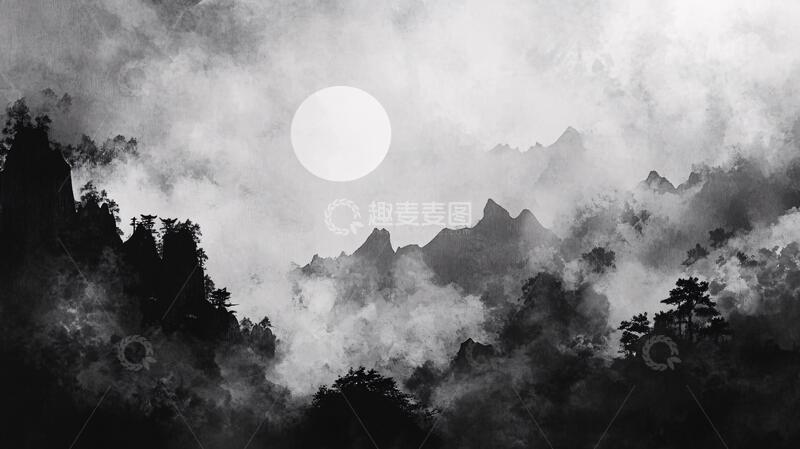 高清大图下载【趣麦麦图】黑白意境水墨山1