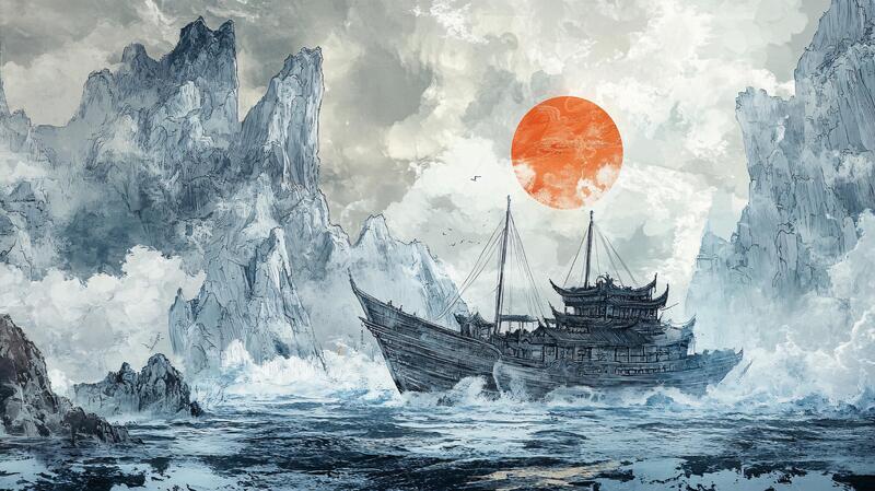 高清大图下载【趣麦麦图】古风大船场景古风插画