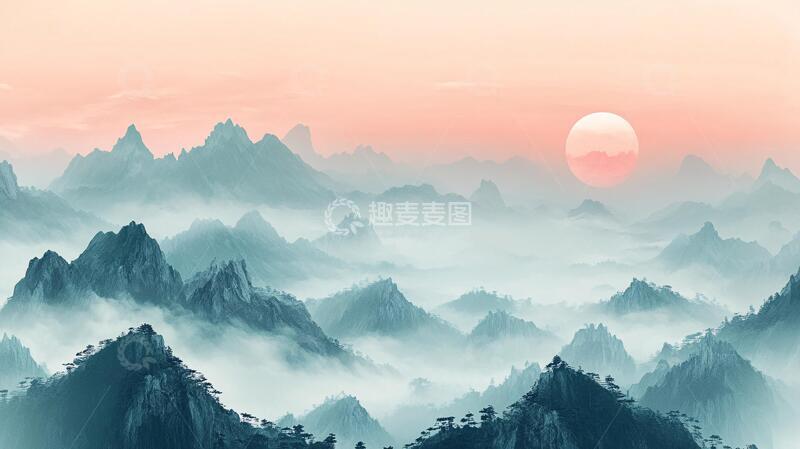 高清大图下载【趣麦麦图】红日水墨山水15