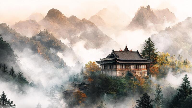 高清大图下载【趣麦麦图】云彩高山古寺