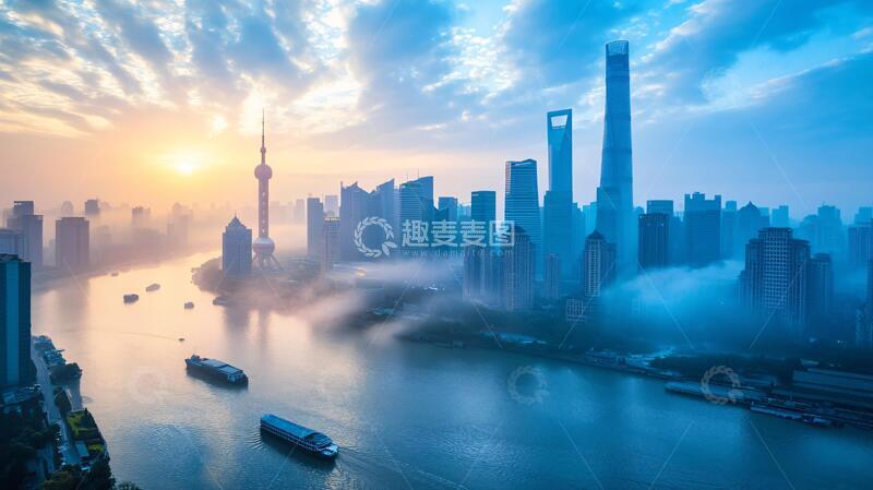 高清大图下载【趣麦麦图】晨雾陆家嘴日出晨雾外滩