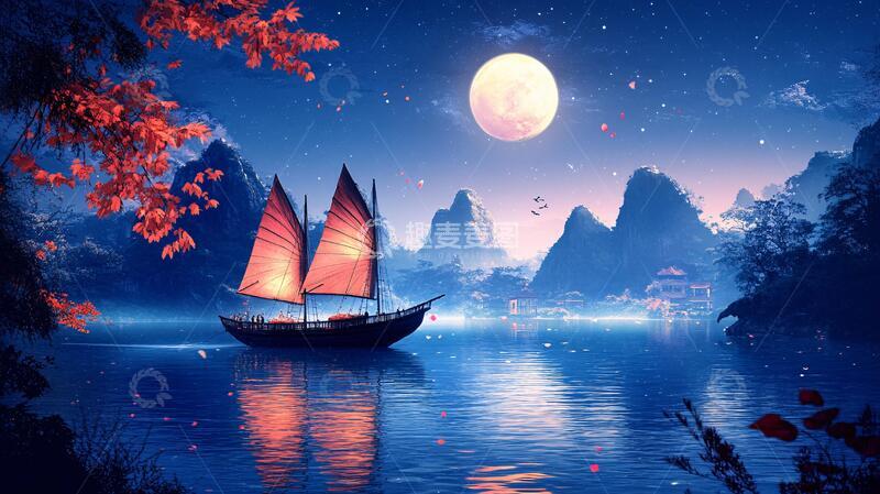 高清大图下载【趣麦麦图】月影风帆意境月影风帆