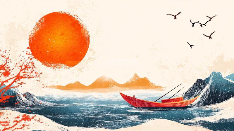 高清大图下载【趣麦麦图】红日水墨山水18