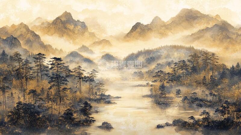 高清大图下载【趣麦麦图】山水风光禅意水彩画