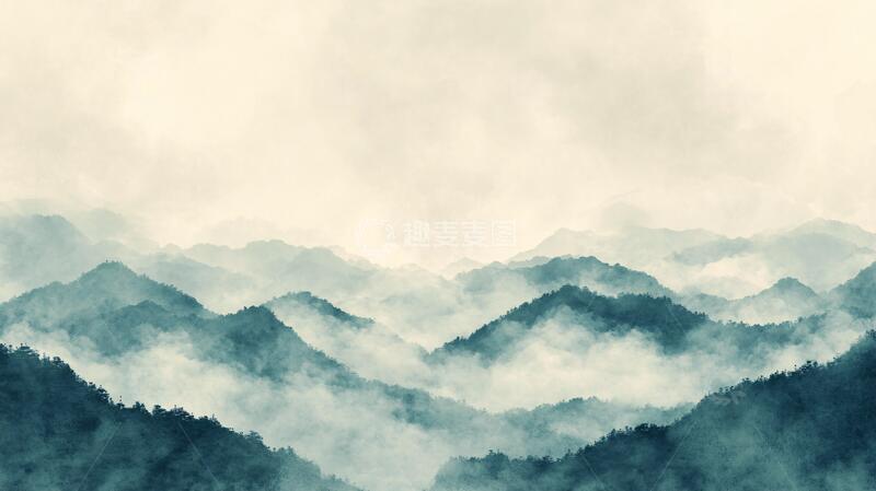 高清大图下载【趣麦麦图】-雾霾山水画云雾山景背景