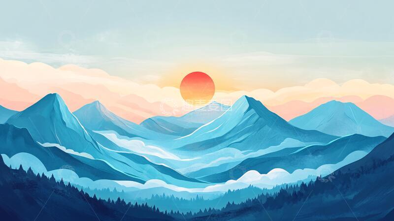 高清大图下载【趣麦麦图】日出风景插画5