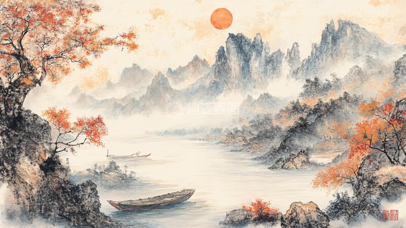 高清大图下载【趣麦麦图】红日水墨山水13