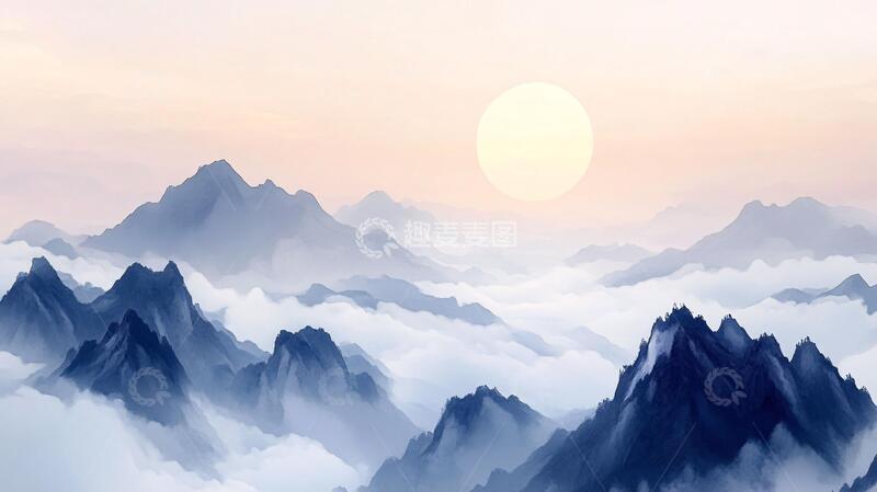 高清大图下载【趣麦麦图】红日水墨山水16