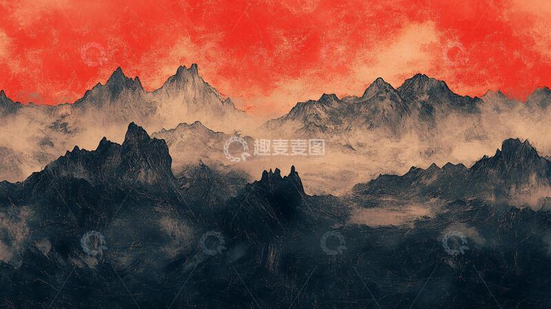 高清大图下载【趣麦麦图】-血色雪山水墨山景血色