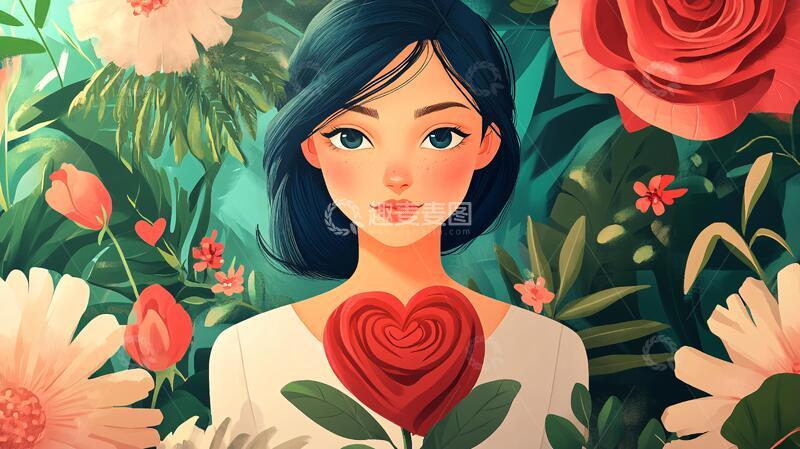 高清大图下载【趣麦麦图】少女与花插画