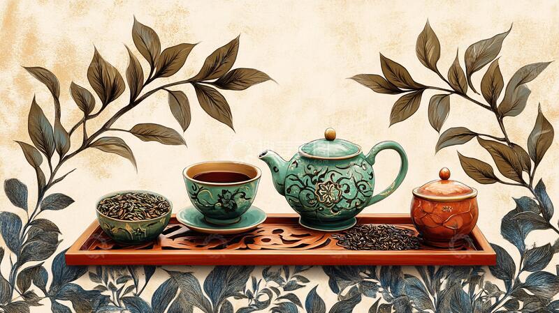 高清大图下载【趣麦麦图】茶装饰画插画茶具茶叶
