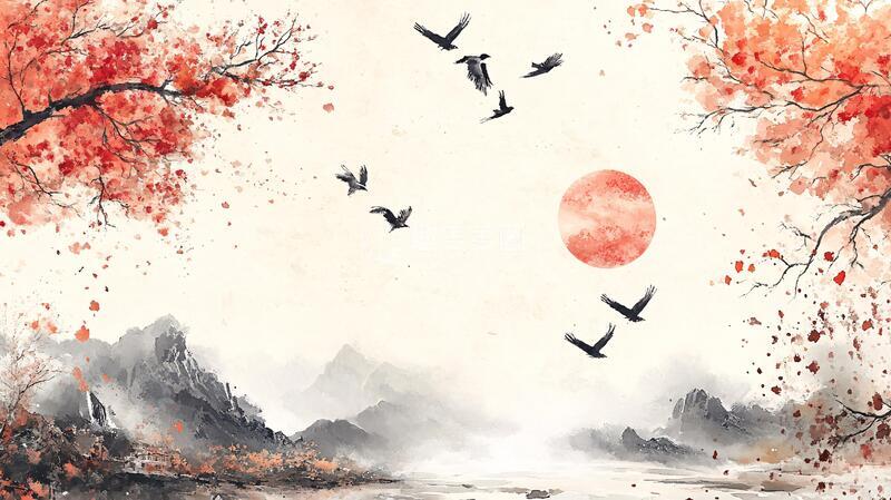 高清大图下载【趣麦麦图】红叶古风山水画