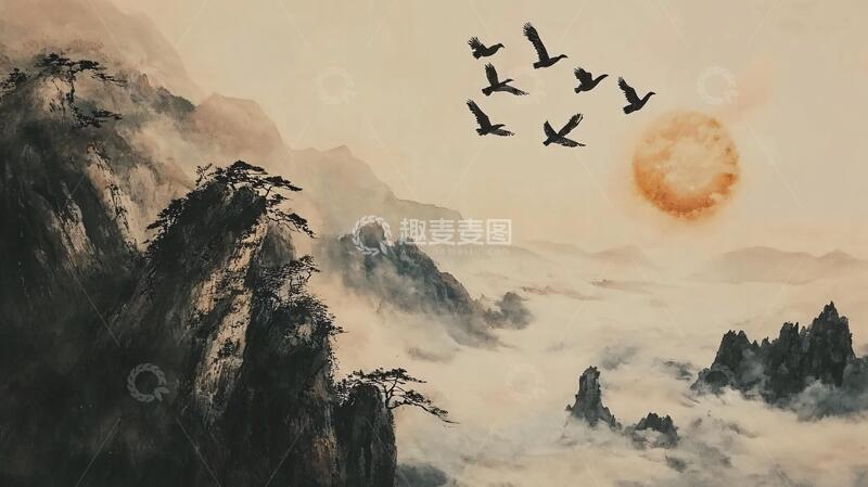 高清大图下载【趣麦麦图】旭日东升水墨山水