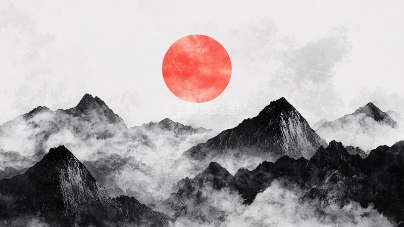 高清大图下载【趣麦麦图】红日水墨山水11