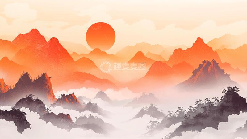 高清大图下载【趣麦麦图】红日水墨山水