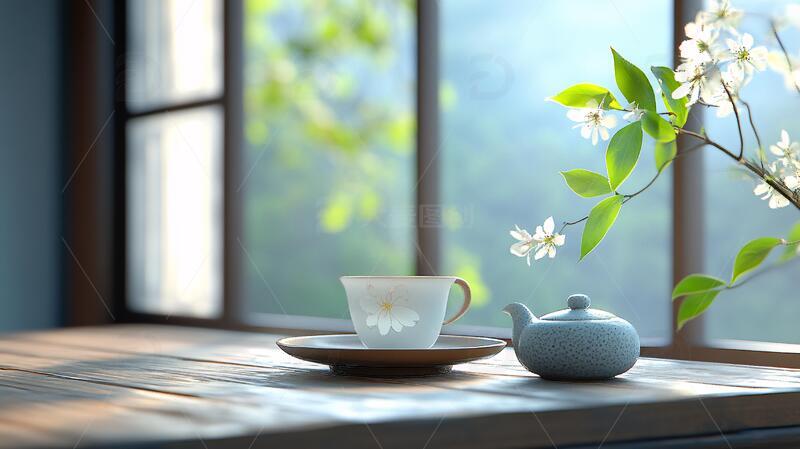 窗边的茶具茶具场景禅意